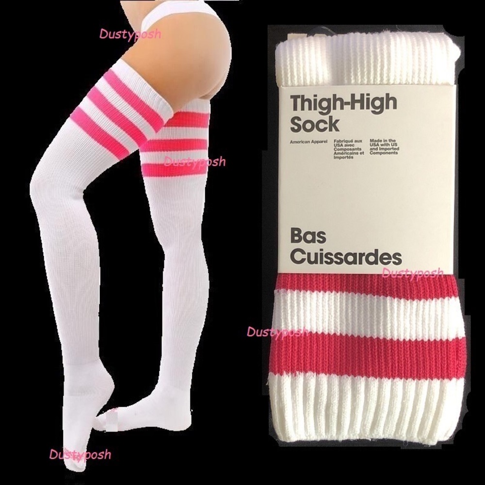 American Apparel Thigh High Socks White Pink Striped Over The Knee Discontinued